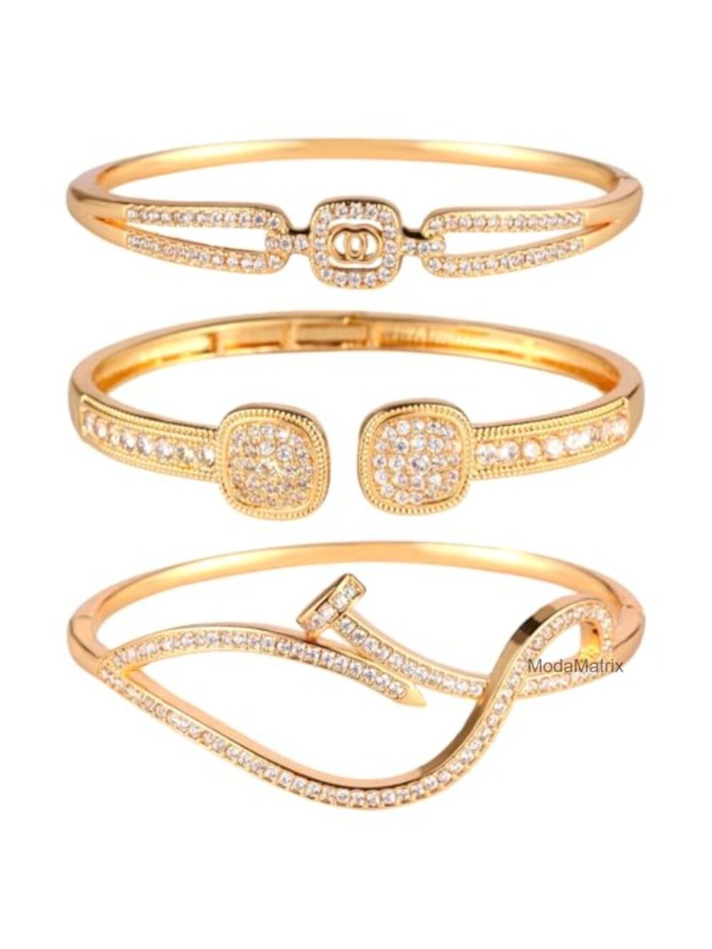 Gold Designer Bangle Bracelet Set with Cubic Zirconia for Women
